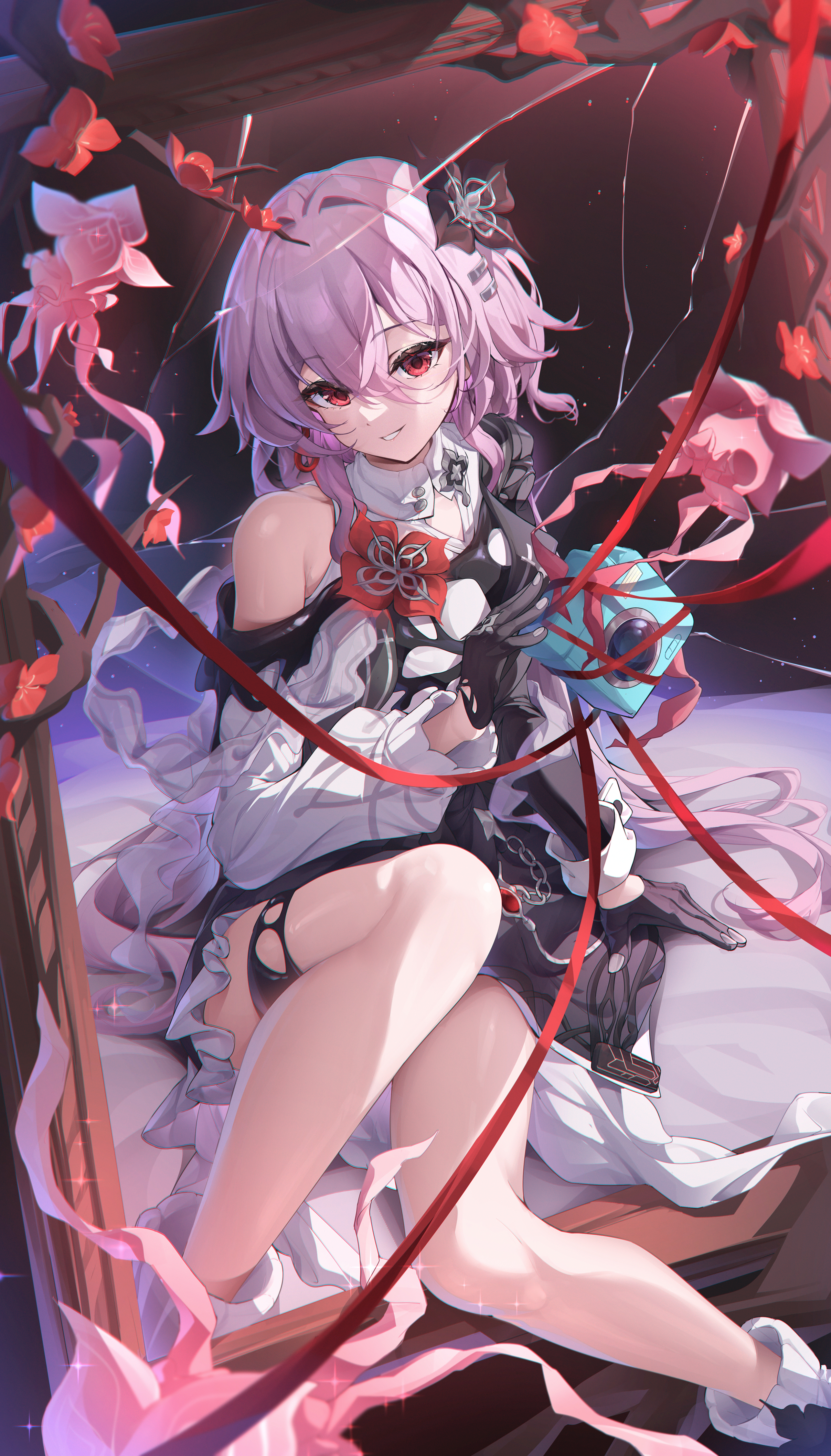 norimori, evernight (honkai: star rail), march 7th (honkai: star rail), honkai: star rail, honkai (series), absurdres, highres, 1girl, black background, black dress, black flower, black gloves, breasts, camera, crack, cracked glass, dress, flower, gloves, hair flower, hair ornament, knee up, long hair, medium breasts, parted lips, picture frame, pink hair, red eyes, shirt, single bare shoulder, sitting, socks, solo, white shirt, white socks