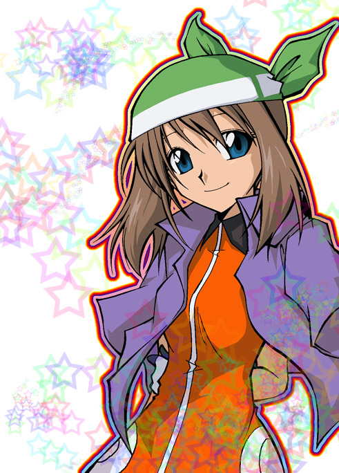 xruka, may (pokemon), may (pokemon emerald), nintendo, pokemon, pokemon (anime), pokemon emerald, pokemon rse, bad id, bad pixiv id, 00s, 1girl, adapted costume, alternate costume, arms behind back, bandana, blue eyes, brown hair, closed mouth, collared dress, collared shirt, dress, female focus, green bandana, hair between eyes, hat, head tilt, jacket, looking at viewer, orange dress, orange shirt, purple jacket, shirt, short hair, smile, solo, star (symbol), star symbol background, upper body