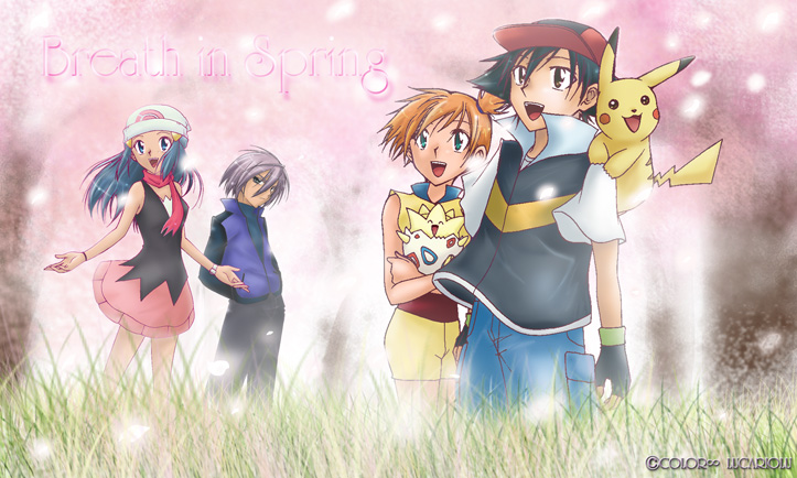 xruka, ash ketchum, dawn (pokemon), misty (pokemon), paul (pokemon), pikachu, togepi, nintendo, pokemon, pokemon (anime), pokemon dppt (anime), pokemon rse (anime), bad id, bad pixiv id, 2boys, 2girls, alternate costume, blue hair, cherry blossoms, dress, gen 1 pokemon, gen 2 pokemon, green eyes, hat, long hair, multiple boys, multiple girls, on shoulder, open mouth, orange hair, pokemon (creature), pokemon on shoulder, scarf, short hair, shorts, side ponytail, smile