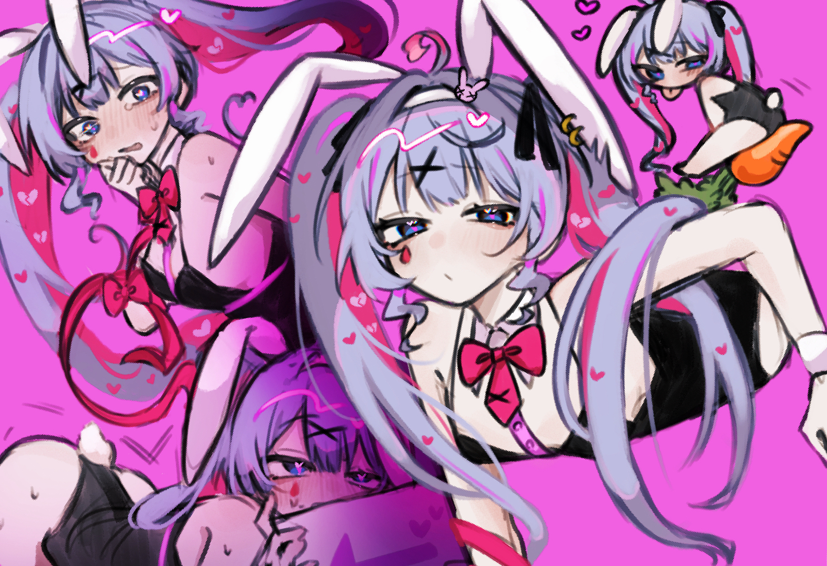 siiaka023, hatsune miku, rabbit hole (vocaloid), vocaloid, aliasing, commentary request, highres, 1girl, animal ears, black leotard, blue eyes, blush, bow, bowtie, carrot, chibi, chibi inset, fake animal ears, fake tail, heart, heart-shaped pupils, leotard, long hair, multicolored hair, multiple views, pink background, pink bow, pink bowtie, pink hair, playboy bunny, rabbit ears, rabbit tail, simple background, symbol-shaped pupils, tail, teardrop facial mark, twintails, two-tone hair