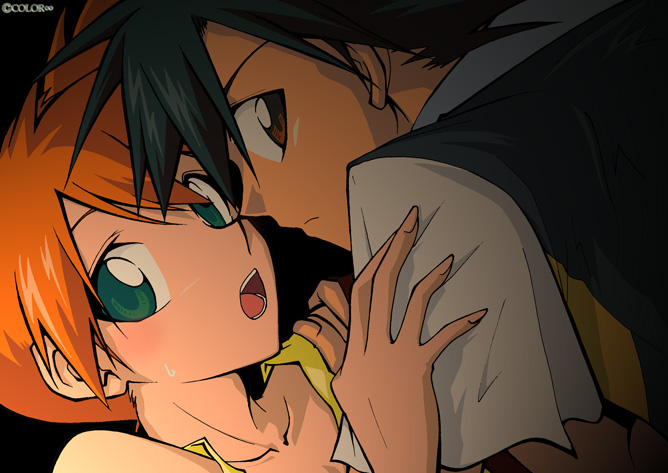 xruka, ash ketchum, misty (pokemon), nintendo, pokemon, pokemon (anime), bad id, bad pixiv id, 1boy, blush, child, green eyes, open mouth, orange hair, short hair, side ponytail, surprised, sweatdrop