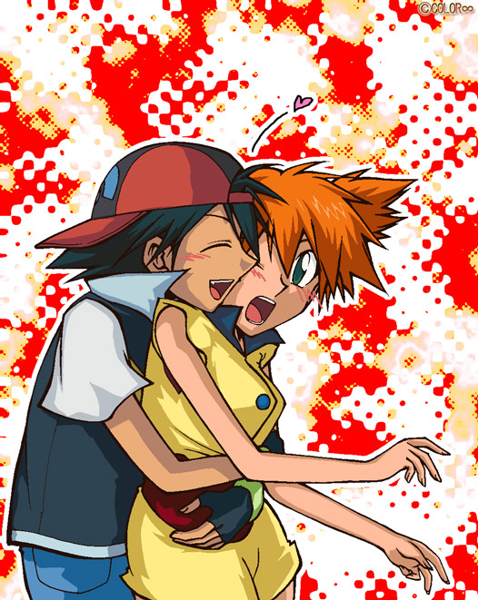 xruka, ash ketchum, misty (pokemon), nintendo, pokemon, pokemon (anime), pokemon rse (anime), bad id, bad pixiv id, 1boy, 1girl, alternate costume, blush, child, fingerless gloves, gloves, green eyes, hat, hug, hug from behind, open mouth, orange hair, short hair, side ponytail, surprised