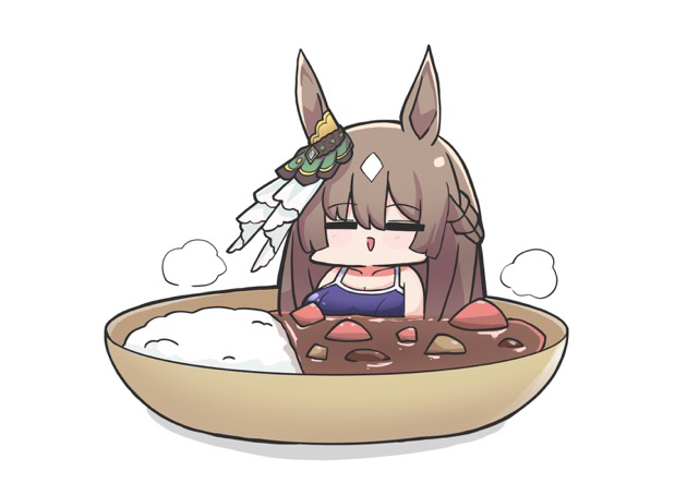 kawamochi (tddm3573), satono diamond (umamusume), umamusume, 1girl, :>, animal ears, blue one-piece swimsuit, blush, braid, breasts, brown hair, chibi, cleavage, closed eyes, curry, curry rice, food, hair between eyes, horse ears, in food, large breasts, long hair, mini person, minigirl, multicolored hair, one-piece swimsuit, parted lips, partially submerged, rice, shadow, simple background, solo, swimsuit, triangle mouth, two-tone hair, white background, white hair