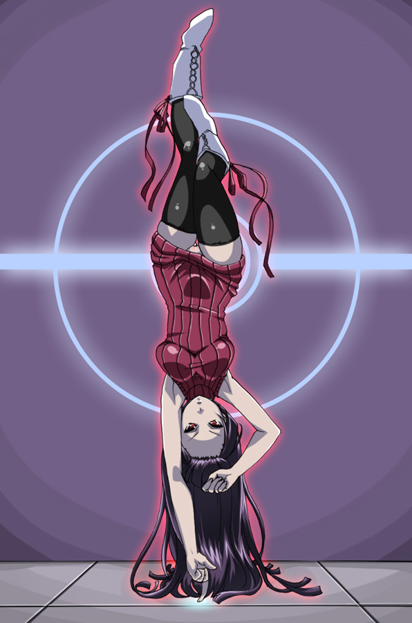 satsuki imonet, sabrina (pokemon), nintendo, pokemon, 1girl, angry, armpits, black hair, black thighhighs, boots, breasts, female focus, forehead, gym leader, handstand, large breasts, legs, long hair, looking at viewer, no panties, one arm handstand, pussy, red eyes, ribbed sweater, sleeveless, solo, standing on finger, sweater, thighhighs, tsurime, turtleneck, uncensored, upside-down, zettai ryouiki