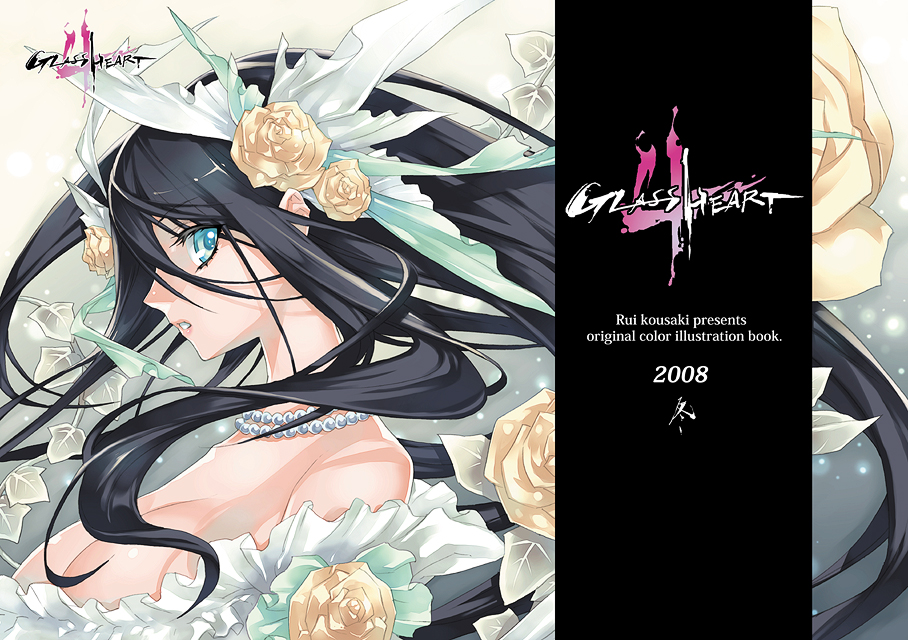 kousaki rui, original, black hair, blue eyes, flower, jewelry, long hair, necklace, rose, solo