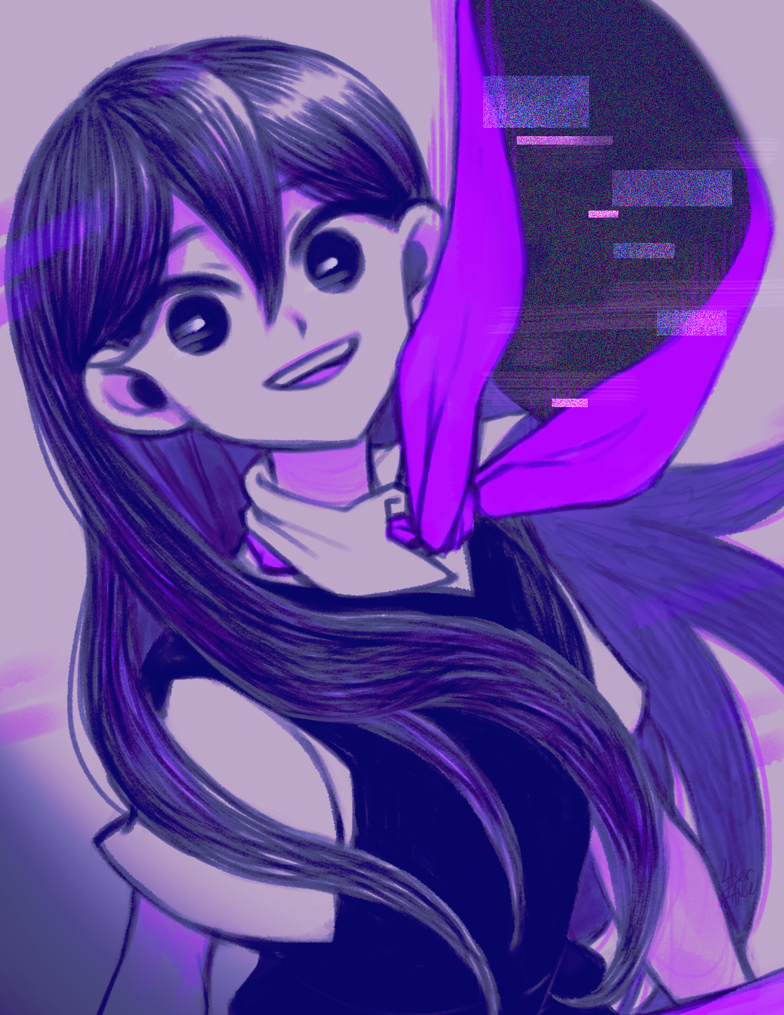 laser-lance, mari (headspace) (omori), mari (omori), omori, highres, 1girl, bright pupils, collared shirt, double-parted bangs, hair between eyes, long hair, looking at viewer, monochrome, neckerchief, open mouth, shirt, short sleeves, smile, solo, teeth, upper body, upper teeth only