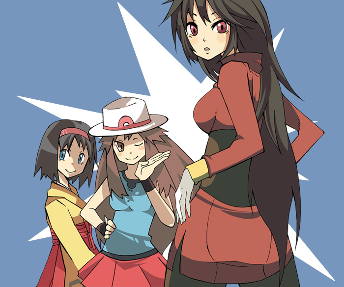 matsumoto waka, milkcocoa, erika (pokemon), leaf (pokemon), sabrina (pokemon), nintendo, pokemon, pokemon frlg, bad id, bad pixiv id, 00s, 2girls, black hair, blue eyes, blush, brown eyes, brown hair, gloves, gym leader, hat, japanese clothes, kimono, long hair, multiple girls, one eye closed, pantyhose, poke ball, porkpie hat, red eyes, very long hair, wink