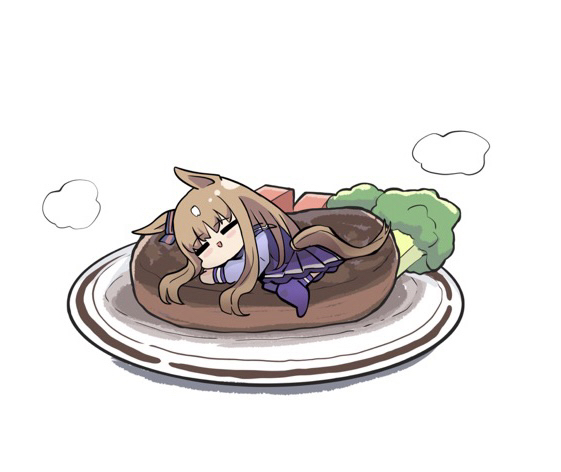 kawamochi (tddm3573), grass wonder (umamusume), umamusume, 1girl, :d, animal ears, blush stickers, broccoli, brown hair, chibi, closed eyes, clothing cutout, food, horse ears, horse girl, horse tail, in food, long hair, long sleeves, mini person, minigirl, multicolored hair, no shoes, open mouth, pleated skirt, puffy long sleeves, puffy sleeves, purple shirt, purple skirt, purple thighhighs, school uniform, shirt, simple background, skirt, smile, solo, steak, tail, tail through clothes, thighhighs, tracen school uniform, two-tone hair, very long hair, white background, white hair