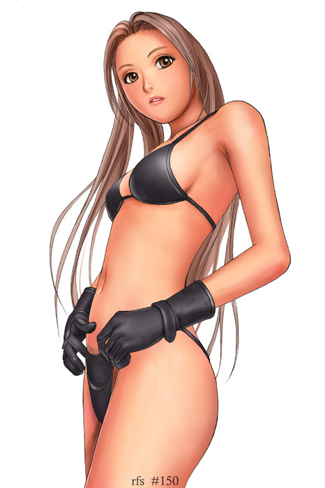 ryu (ryu's form site), 1girl, bikini, black bikini, breasts, brown eyes, brown hair, female focus, gloves, long hair, simple background, solo, swimsuit