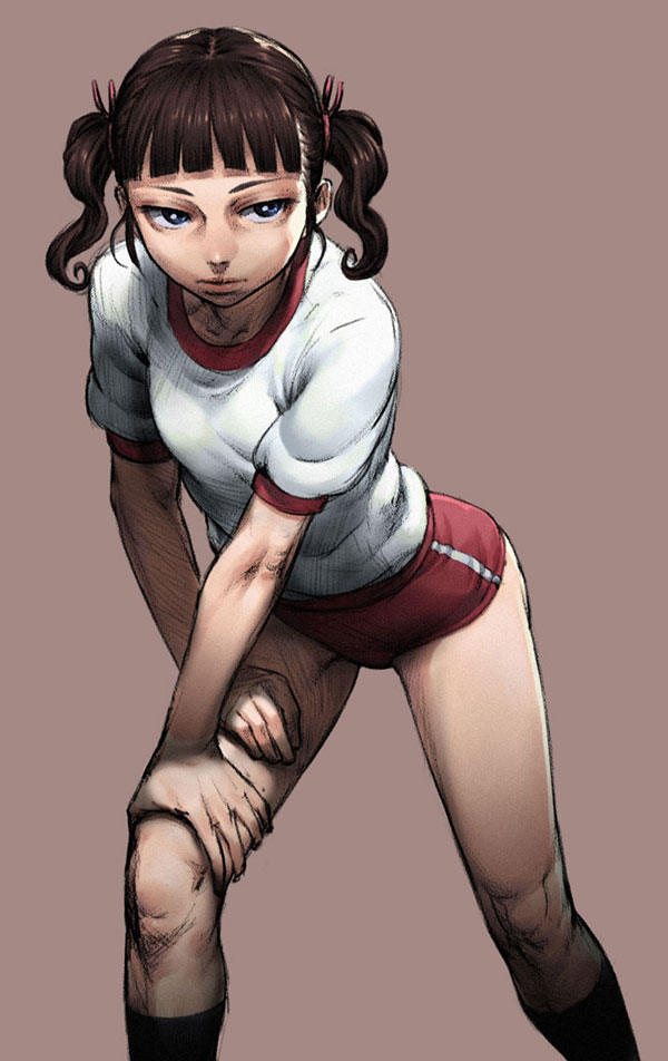 chyko, original, looking away, 1girl, black socks, blue eyes, blunt bangs, brown hair, buruma, closed mouth, female focus, gym uniform, hair ribbon, hand on own knee, hand on own thigh, kneehighs, leaning forward, legs apart, long hair, looking to the side, ribbon, short sleeves, simple background, socks, solo, standing, twintails