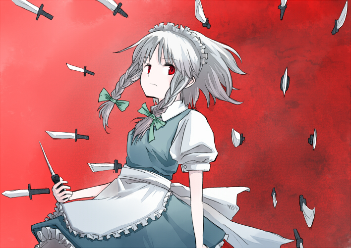maiku, izayoi sakuya, embodiment of scarlet devil, touhou, silver hair, 1girl, danmaku, female focus, knife, maid, red eyes, short hair, solo, throwing knife, weapon