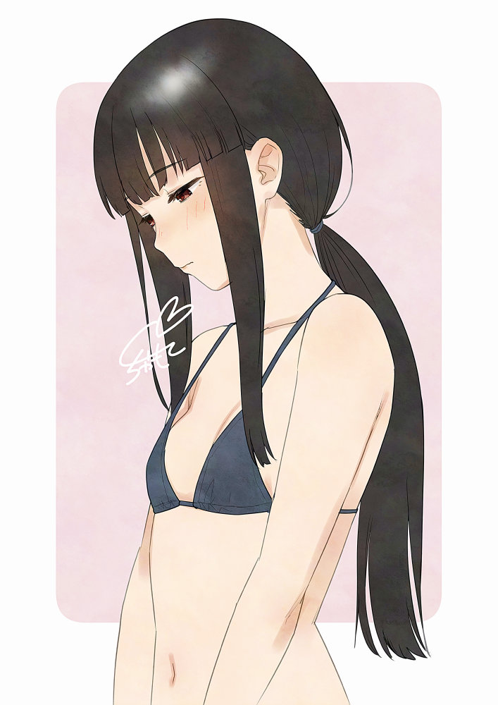 sakiecho, hatsuyuki (kancolle), kantai collection, adversarial noise, commentary request, 1girl, alternate hairstyle, bikini, black hair, blue bikini, blunt bangs, blush, border, breasts, collarbone, from side, hair tie, halterneck, heart, hime cut, long hair, long sidelocks, looking down, low ponytail, navel, outdoors, pink background, ponytail, red eyes, rounded corners, sidelocks, signature, small breasts, solo, stomach, string bikini, swimsuit, upper body, white border