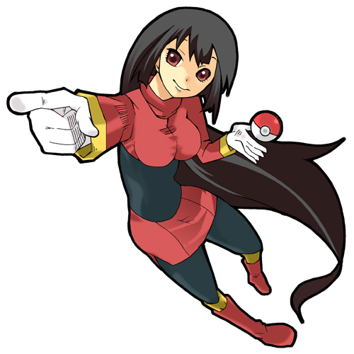 matsumoto waka, milkcocoa, sabrina (pokemon), nintendo, pokemon, pokemon rgby, bad id, bad pixiv id, lowres, 1990s (style), 1girl, black bodysuit, black hair, bodysuit, female focus, gloves, gym leader, long hair, pantyhose, pointing, poke ball, poke ball (basic), red eyes, retro artstyle, simple background, smile, solo, very long hair, white background