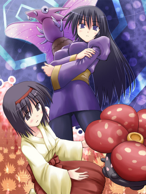 creaholic, pokemoa, toshihiro, erika (pokemon), sabrina (pokemon), venomoth, vileplume, nintendo, pokemon, pokemon frlg, 00s, 2girls, black hair, gen 1 pokemon, gym leader, headband, japanese clothes, kimono, long hair, multiple girls, pantyhose, pokemon (creature), purple eyes, short hair