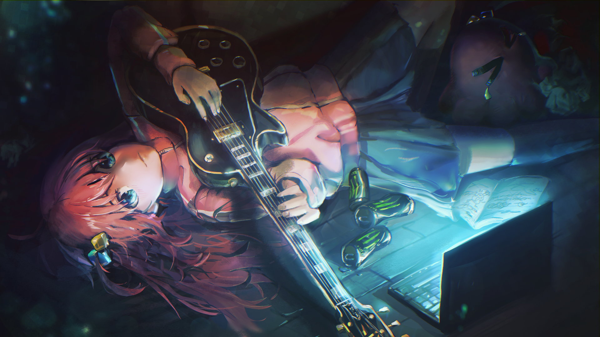 1elims1, gotoh hitori, bocchi the rock!, monster energy, commentary, highres, 1girl, blue eyes, computer, cube hair ornament, guitar, hair ornament, instrument, jacket, laptop, pink hair, skirt, solo, track jacket