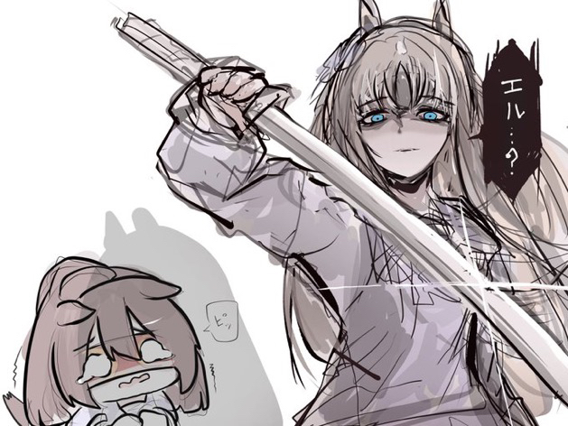 kawamochi (tddm3573), el condor pasa (umamusume), grass wonder (umamusume), umamusume, translated, 2girls, animal ears, arm up, blue eyes, brown hair, chibi, eye mask, holding, holding sword, holding weapon, horse ears, horse girl, horse tail, katana, long hair, multicolored hair, multiple girls, o o, parted lips, ponytail, purple shirt, school uniform, shadow, shirt, simple background, sketch, sword, tail, teardrop, tracen school uniform, trembling, two-tone hair, very long hair, wavy mouth, weapon, white background, white hair