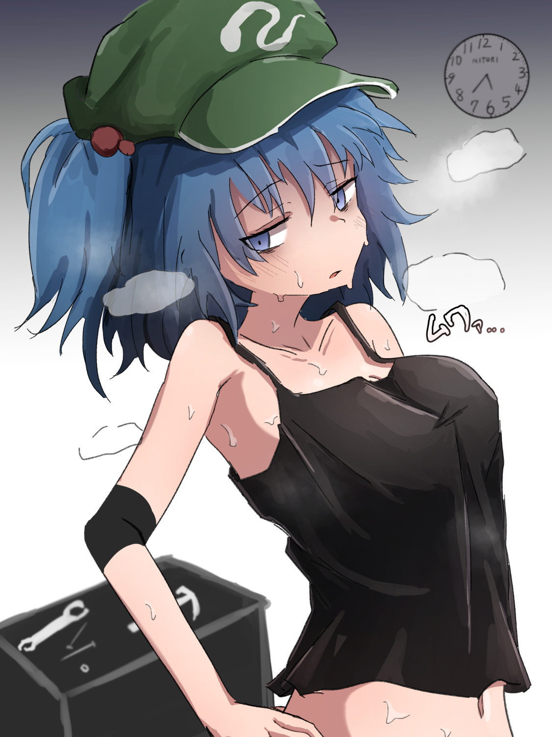 isgod, kawashiro nitori, touhou, commentary request, highres, 1girl, alternate costume, analog clock, bags under eyes, black tank top, blue eyes, blue hair, breasts, clock, compression sleeve, green hat, hair bobbles, hair ornament, hat, looking at viewer, medium breasts, midriff, navel, newsboy cap, open mouth, short hair, solo, sweat, tank top, two side up, upper body, wrench