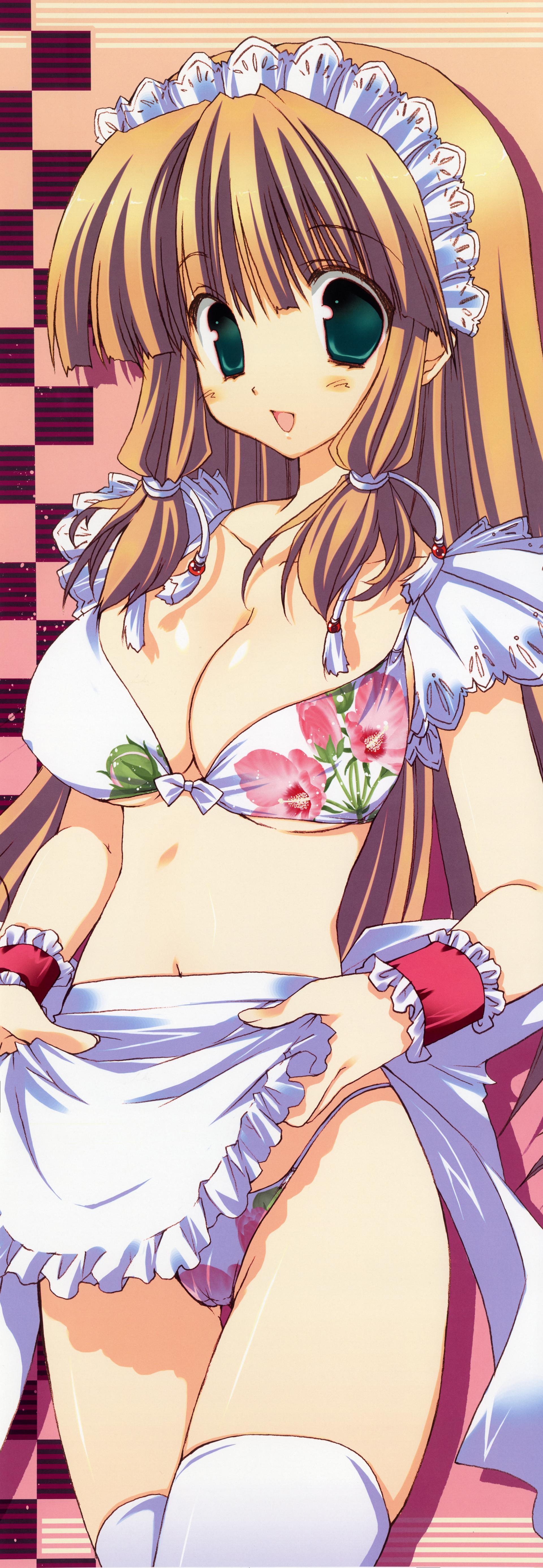 takanae kyourin, absurdres, highres, long image, tall image, bikini, blonde hair, breasts, cameltoe, cleavage, floral print, green eyes, large breasts, long hair, swimsuit, thighhighs