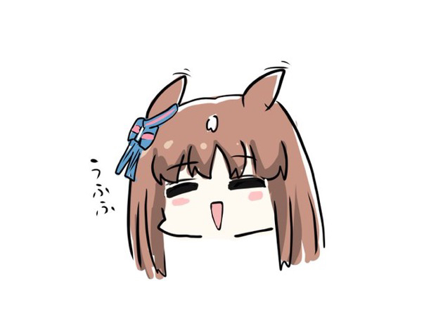 kawamochi (tddm3573), grass wonder (umamusume), umamusume, translation request, 1girl, :>, animal ears, blush stickers, bow, brown hair, chibi, closed eyes, ear bow, head only, horse ears, long hair, motion lines, multicolored hair, parted lips, simple background, smile, solo, striped bow, triangle mouth, two-tone hair, white background, white hair