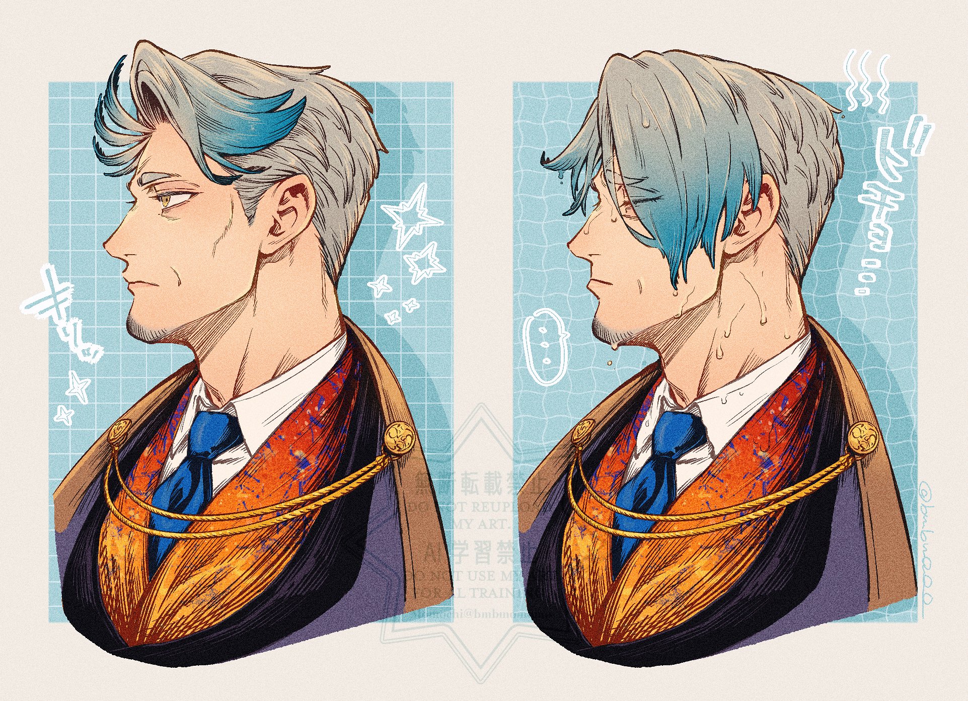 momochi (bmbmomomo), fate/grand order, fate (series), highres, 1boy, blue streaks, brown cape, cape, closed eyes, facial hair, from side, frown, goatee, katsu kaishu (fate), looking to the side, male focus, old, old man, orange robe, orange shirt, robe, shirt, simple background, solo, wet, wet face, wet hair, white hair, yellow eyes