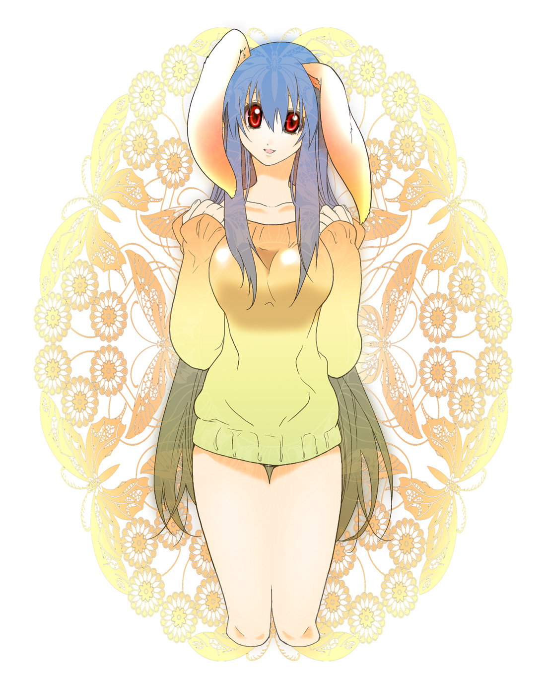 kondoru, reisen udongein inaba, touhou, highres, 1girl, animal ears, female focus, legs, multicolored hair, no pants, rabbit ears, red eyes, smile, solo, standing, sweater, white background