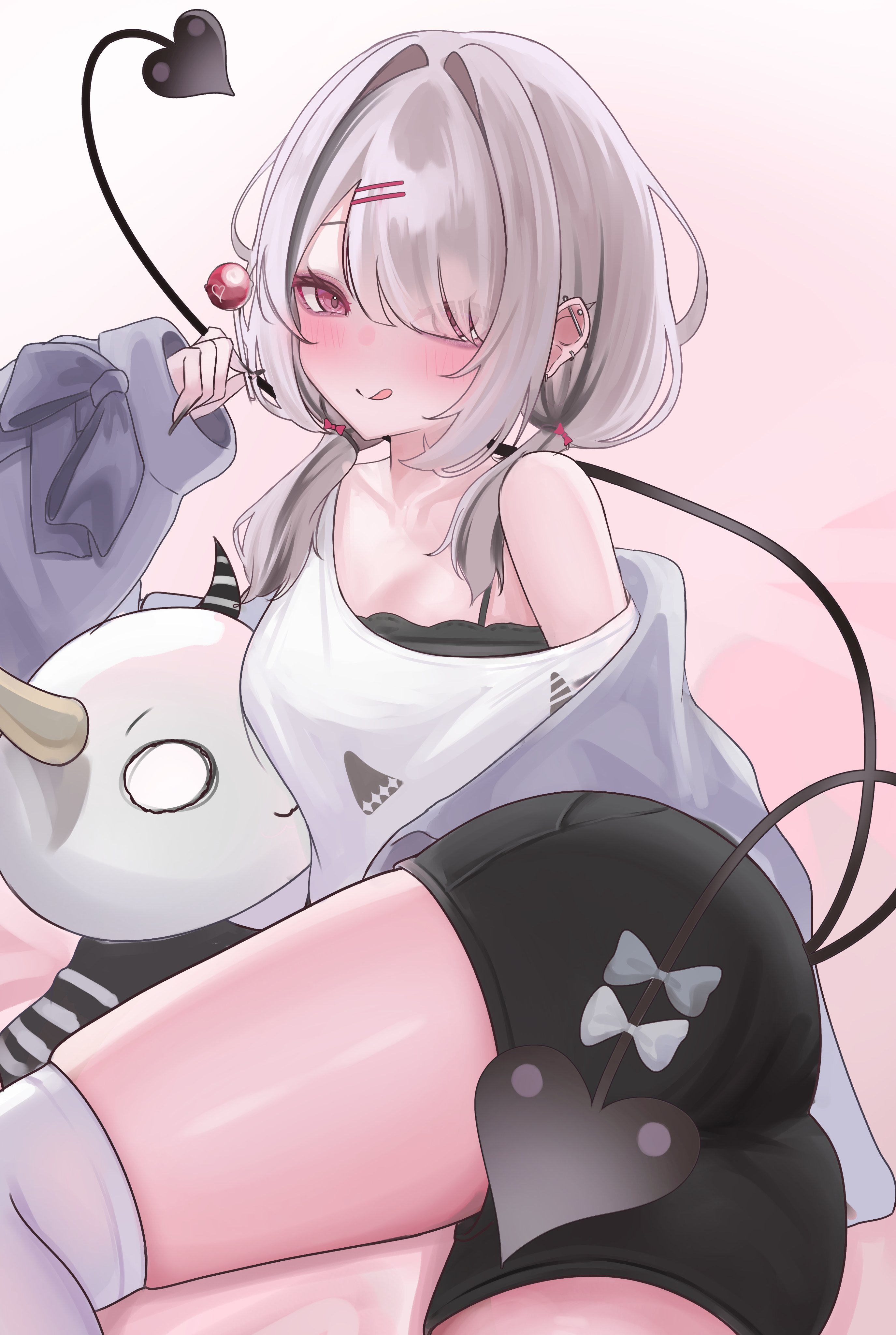 f he4rt, asumi sena, vspo!, absurdres, commentary, highres, symbol-only commentary, 1girl, black hair, black shorts, eyes visible through hair, grey hair, hair over one eye, hand up, jacket, long sleeves, looking at viewer, medium hair, multicolored hair, multiple tails, open clothes, open jacket, shorts, simple background, single off shoulder, smile, solo, streaked hair, tail, thighhighs, tongue, tongue out, two tails, virtual youtuber, white thighhighs