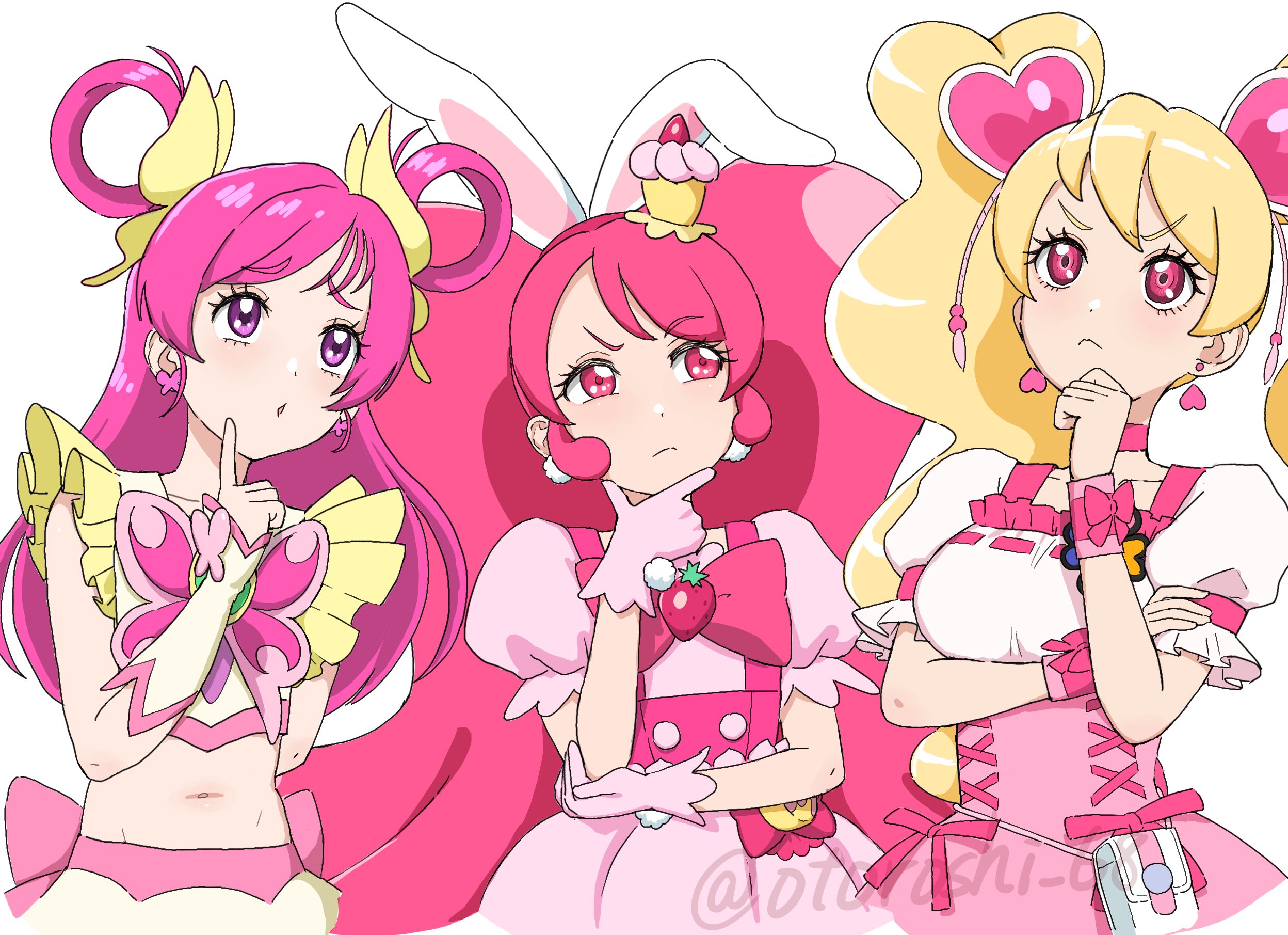 otoroshi 68, cure dream, cure peach, cure whip, momozono love, usami ichika, yumehara nozomi, fresh precure!, kirakira precure a la mode, precure, yes! precure 5, highres, 3girls, animal ears, blonde hair, bow, butterfly hair ornament, cake hair ornament, choker, dress, earrings, food-themed hair ornament, frilled sleeves, frills, gloves, hair ornament, hair rings, heart, heart hair ornament, index finger raised, jewelry, long hair, magical girl, medium hair, midriff, multiple girls, navel, pink bow, pink choker, pink eyes, pink hair, pink wrist cuffs, pom pom (clothes), pom pom earrings, puffy short sleeves, puffy sleeves, rabbit ears, short sleeves, skirt, thinking, twintails, very long hair, white gloves, wrist cuffs