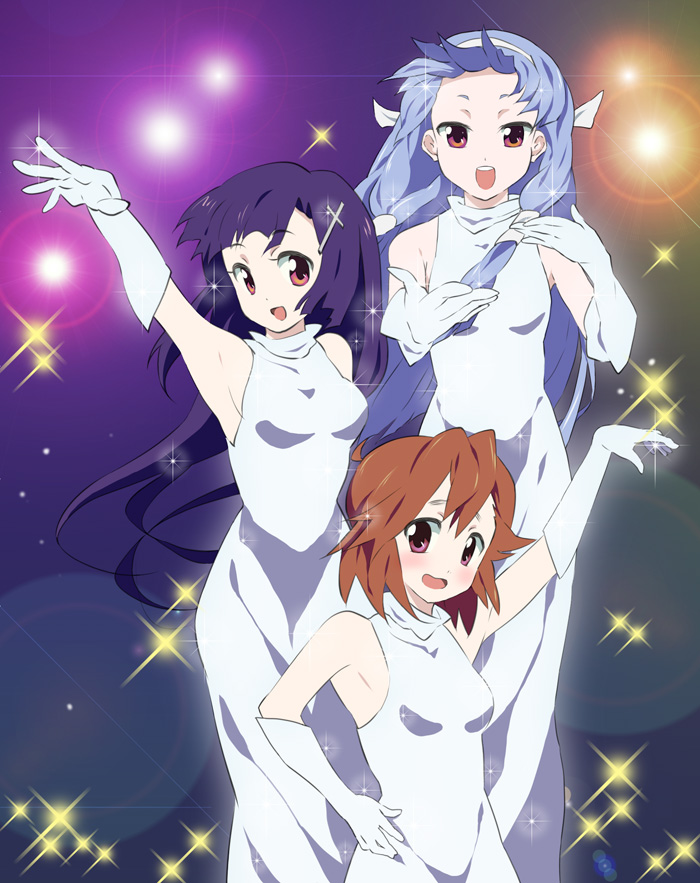 otonashi matsuri, aoba tsugumi, nagi, zange, kannagi, silver hair, 00s, 3girls, :d, armpits, bare shoulders, brown eyes, brown hair, dress, elbow gloves, gloves, looking at viewer, multiple girls, open mouth, red eyes, siblings, sisters, sleeveless, sleeveless dress, smile, sparkle, standing, white dress, white gloves