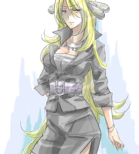 natsu315, cynthia (pokemon), nintendo, pokemon, pokemon dppt, lowres, 00s, 1girl, alternate costume, belt, blonde hair, breasts, cleavage, female focus, formal clothes, jacket, jewelry, large breasts, long hair, necklace, purple eyes, skirt, skirt suit, solo, suit, very long hair