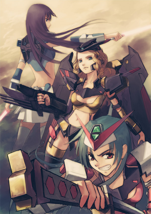 zhenlin, gundam astray blue frame, gundam astray gold frame amatsu, gundam astray red frame, gundam, gundam seed, gundam seed astray, bad id, bad pixiv id, 00s, beam rifle, blonde hair, blue eyes, blue hair, brown eyes, brown hair, energy gun, energy sword, garter belt, grin, gun, knife, long hair, mecha musume, midriff, navel, red eyes, skirt, smile, sword, weapon