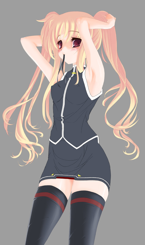 fate testarossa, fate testarossa (impulse form), lyrical nanoha, mahou shoujo lyrical nanoha, 00s, adjusting hair, mouth hold, ribbon, solo, thighhighs, twintails, zettai ryouiki