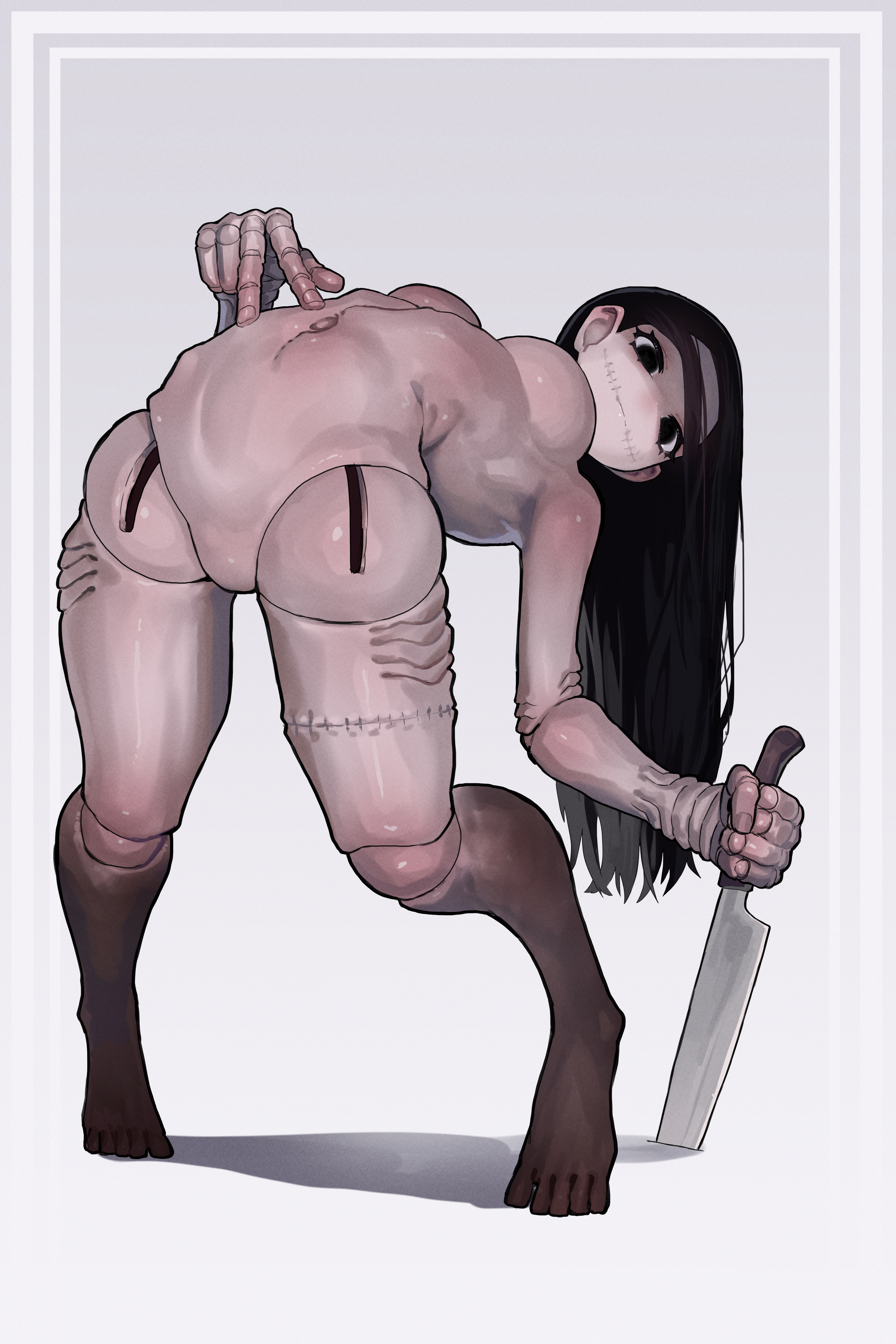 ekrea jan, kashimashi (silent hill), silent hill (series), silent hill f, absurdres, highres, 1girl, black eyes, black hair, breasts, doll joints, grey background, holding, holding knife, joints, knife, long hair, navel, simple background