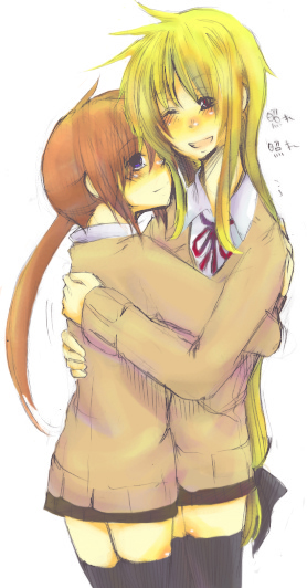 fate testarossa, takamachi nanoha, lyrical nanoha, mahou shoujo lyrical nanoha, mahou shoujo lyrical nanoha a's, 00s, 2girls, blonde hair, hug, long hair, low-tied long hair, multiple girls, school uniform, thighhighs