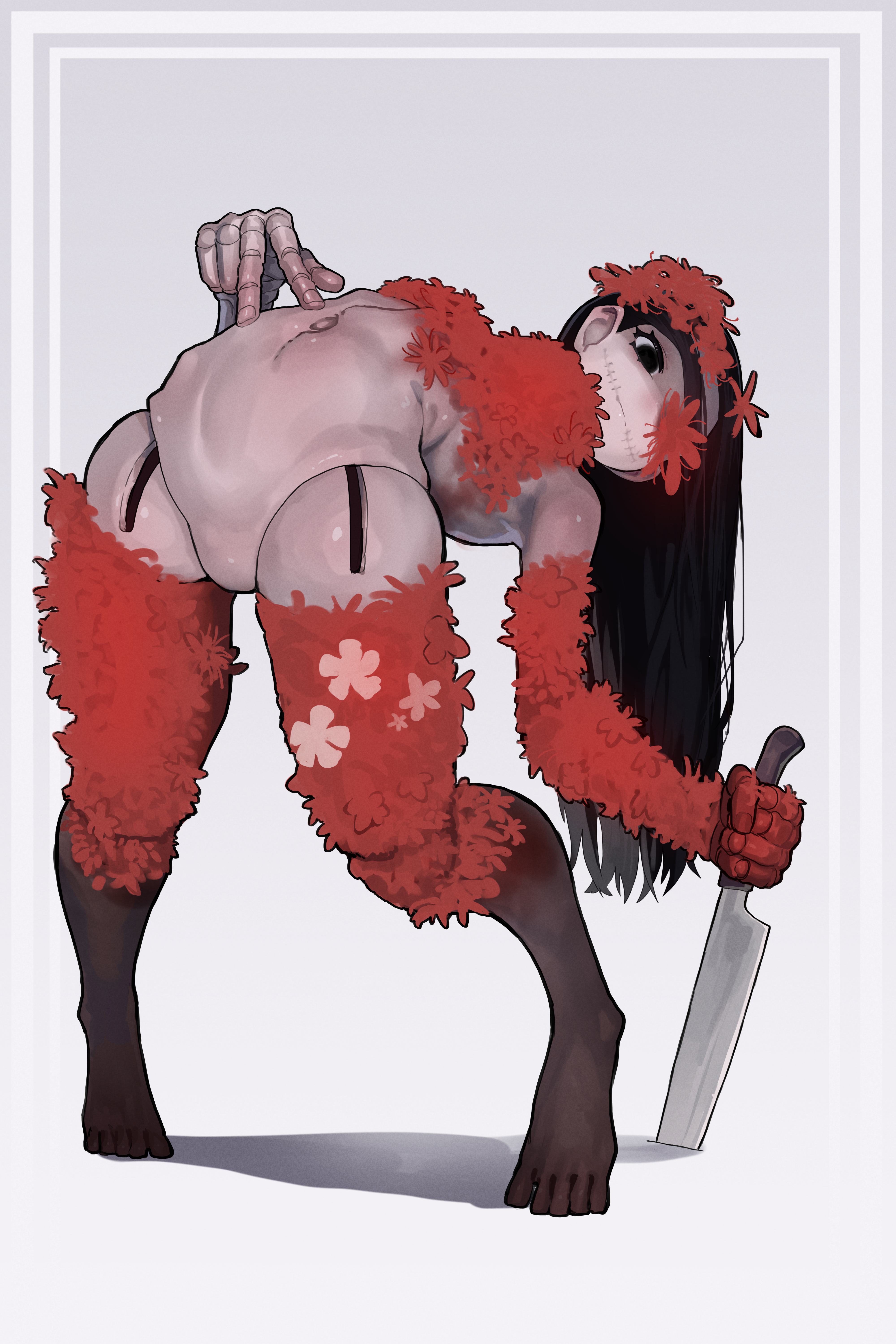 ekrea jan, kashimashi (silent hill), silent hill (series), silent hill f, absurdres, highres, 1girl, black eyes, black hair, doll joints, flower, flower over eye, grey background, holding, holding knife, joints, knife, long hair, navel, simple background
