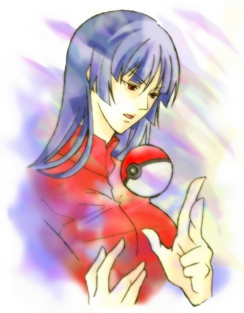 natsu315, sabrina (pokemon), nintendo, pokemon, pokemon rgby, bad id, bad pixiv id, 1990s (style), 1girl, androgynous, blue hair, female focus, floating, gym leader, hime cut, long hair, poke ball, poke ball (basic), red eyes, retro artstyle, solo, telekinesis
