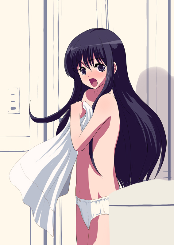 natori (natorism), original, black hair, blush, flat chest, loli, long hair, panties, solo, topless female, underwear