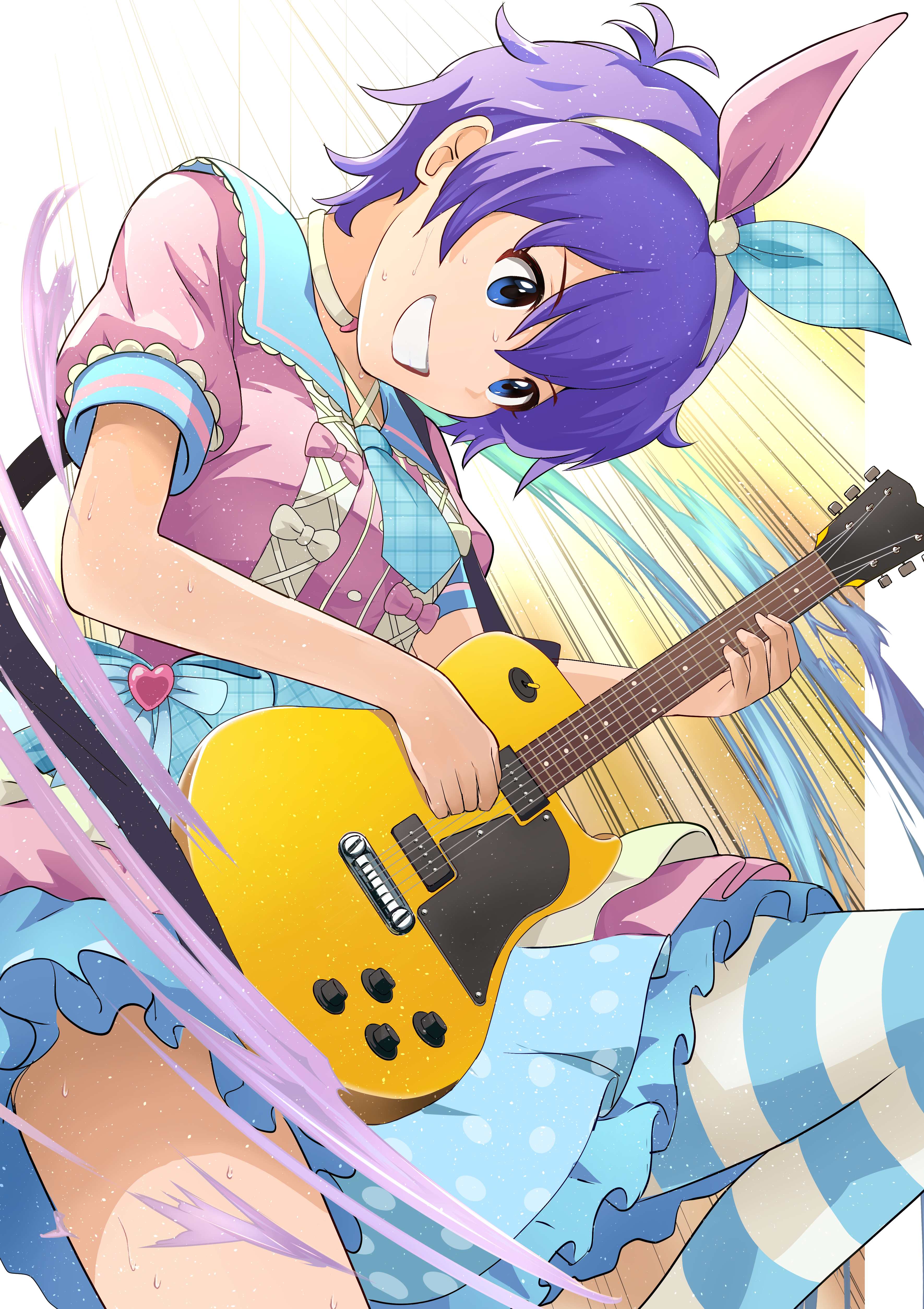 noborinosato, julia (idolmaster), idolmaster, idolmaster million live!, idolmaster million live! theater days, absurdres, highres, 1girl, blue eyes, blue necktie, dress, electric guitar, grin, guitar, hair ribbon, hairband, holding, holding guitar, holding instrument, instrument, looking down, music, necktie, official alternate costume, official alternate hair color, pink dress, plaid clothes, plaid necktie, playing guitar, playing instrument, purple hair, ribbon, short hair, short sleeves, smile, solo, striped clothes, striped thighhighs, thighhighs