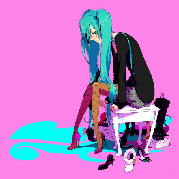 numeri, hatsune miku, vocaloid, bad id, bad pixiv id, 1girl, aqua hair, blouse, blue eyes, boots, female focus, fishnet pantyhose, fishnets, high heels, long hair, pantyhose, shirt, shoes, skirt, solo, twintails, very long hair