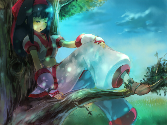 fujitsuna, hujitsuna, nakoruru, samurai spirits, bad id, bad pixiv id, 1girl, black hair, bow, closed eyes, female focus, gloves, hair bow, hairband, in tree, japanese clothes, sitting, sitting in tree, sleeping, sleeping upright, solo, tree