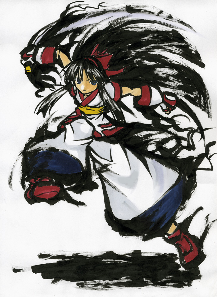 akenami yasutaka, mei ha yasutaka, nakoruru, samurai spirits, 1girl, black hair, blue eyes, bow, female focus, gloves, hair bow, hairband, japanese clothes, solo