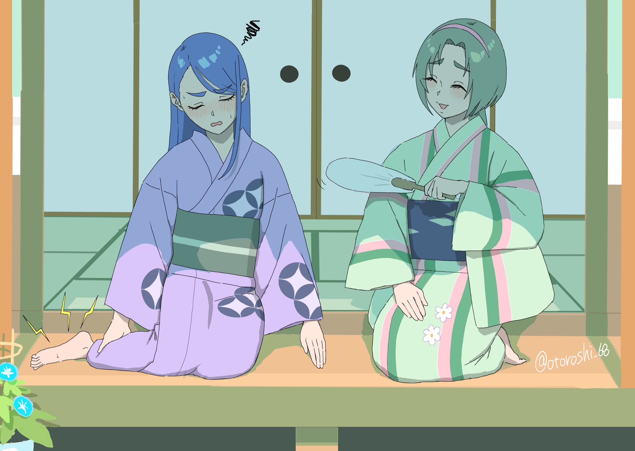 otoroshi 68, akimoto komachi, minazuki karen, precure, yes! precure 5, highres, 2girls, architecture, barefoot, blue hair, blush, closed eyes, day, east asian architecture, frustrated, green hair, green kimono, hairband, hand on own leg, house, japanese clothes, kimono, long hair, multiple girls, open mouth, pink hairband, purple kimono, short hair, sitting, thick eyebrows, twitter username, wariza