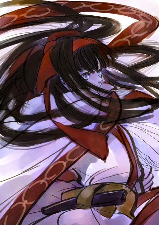 kito (coyo), nakoruru, samurai spirits, 1girl, black hair, blue eyes, bow, female focus, hair bow, hairband, japanese clothes, long hair, sheath, solo, sword, weapon
