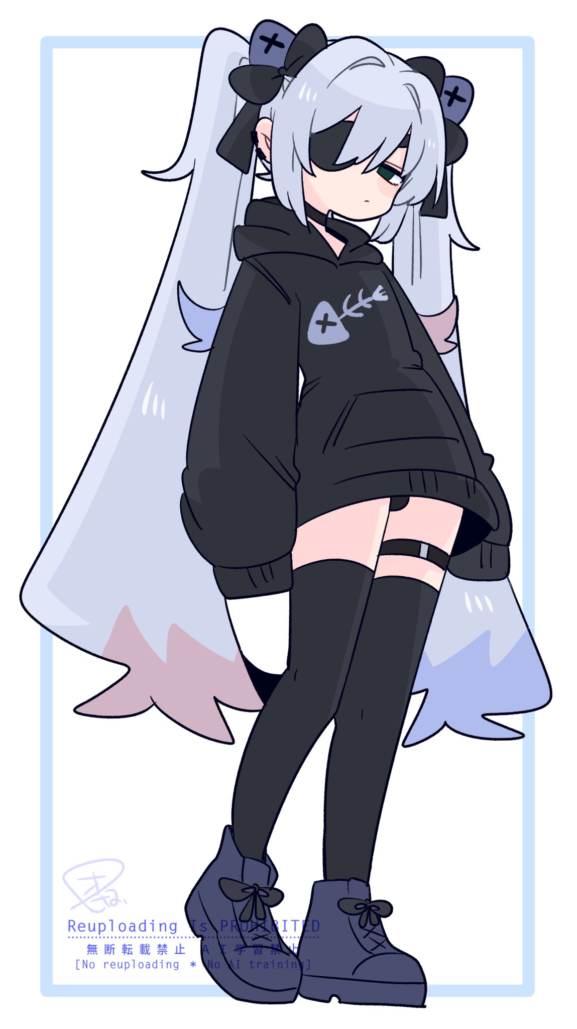 op na yarou, original, commentary, highres, 1boy, black bow, black choker, black hoodie, black thighhighs, blank eyes, blue eyes, blue hair, bow, bulge, choker, closed mouth, colored tips, crossdressing, crossdressing (mtf), earclip, expressionless, eyepatch, fish skeleton, fish skeleton print, flipped hair, from below, full body, hair between eyes, hair bow, hair intakes, hood, hoodie, light blush, long hair, long sleeves, looking at viewer, male focus, multicolored hair, narrowed eyes, no nose, no pants, one eye covered, print hoodie, purple shoes, quad tails, red hair, rigel (op na yarou), shoes, sidelocks, simple background, sleeves past fingers, sleeves past wrists, solo, standing, straight hair, thigh strap, thighhighs, thighs, trap, very long hair, watermark, white background, white hair