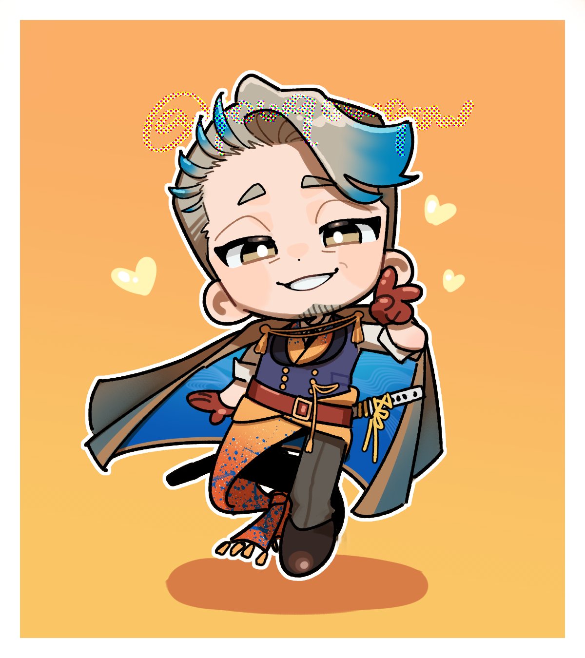 fate/grand order, fate (series), highres, 1boy, blue streaks, blue vest, brown cape, brown eyes, brown gloves, brown shoes, cape, chibi, chibi only, facial hair, gloves, goatee, grey pants, heart, katsu kaishu (fate), looking at viewer, male focus, orange background, orange robe, pants, qowqowqow, robe, shirt, shoes, simple background, solo, sword, sword on back, v, vest, weapon, weapon on back, white hair, white shirt