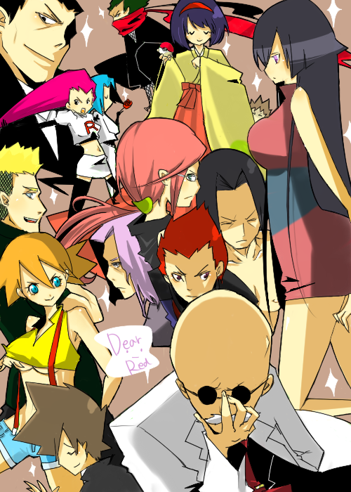 yougotoxxx, agatha (pokemon), blaine (pokemon), blue oak, blue oak (pokemon frlg), brock (pokemon), bruno (pokemon), erika (pokemon), giovanni (pokemon), james (pokemon), jessie (pokemon), koga (pokemon), lance (pokemon), lorelei (pokemon), misty (pokemon), sabrina (pokemon), surge (pokemon), nintendo, pokemon, pokemon (anime), pokemon (classic anime), pokemon frlg, pokemon rgby, 00s, 1990s (style), 5girls, 6+boys, aqua eyes, bald, black hair, blue eyes, breasts, brown hair, closed eyes, dress, elite four, english text, everyone, flower, glasses, gym leader, holding, holding poke ball, in-franchise crossover, japanese clothes, kimono, large breasts, long hair, medium breasts, multiple boys, multiple girls, ninja, no legwear, orange hair, poke ball, poke ball (basic), purple eyes, purple hair, red hair, retro artstyle, rose, scarf, short hair, side ponytail, sparkle, suspenders, team rocket, thighhighs, thighs, underboob, very long hair, yukata
