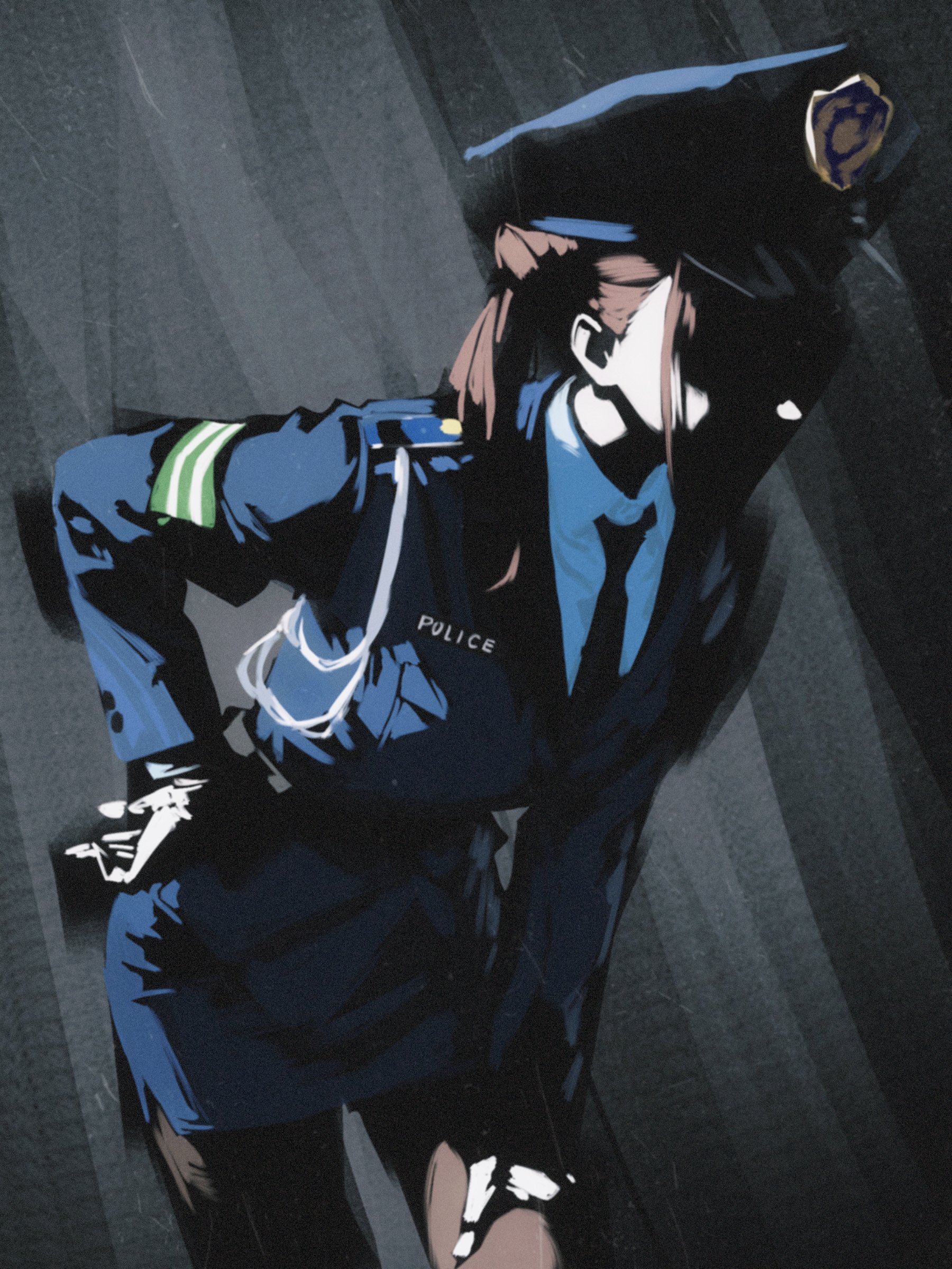 cobwvmeti, sonoda chiyoko, idolmaster, idolmaster shiny colors, absurdres, highres, 1girl, armband, blue jacket, blue skirt, brown hair, hair bun, hand on own hip, hand on own thigh, hat, jacket, leaning forward, long sleeves, necktie, peaked cap, police, police hat, police uniform, policewoman, shade, skirt, solo
