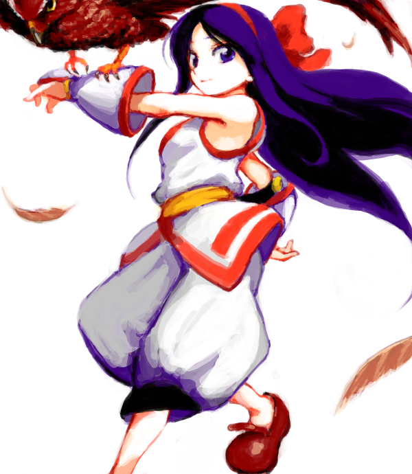 iseki, iseki (kuroshura no tabiji), iseki (otameshi), mamahaha, nakoruru, samurai spirits, 1girl, animal on arm, armpits, bird, bird on arm, black hair, blue eyes, bow, female focus, gloves, hair bow, hairband, japanese clothes, long hair, looking at viewer, pants, red bow, smile, solo