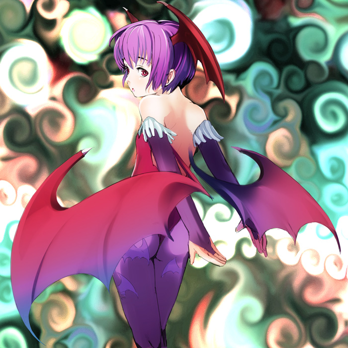 moke, lilith (darkstalkers), capcom, darkstalkers, bad id, bad pixiv id, 1girl, animal print, ass, bat print, bat wings, demon girl, elbow gloves, female focus, flat chest, gloves, head wings, leotard, looking back, pantyhose, print pantyhose, purple hair, red eyes, red leotard, short hair, solo, wings