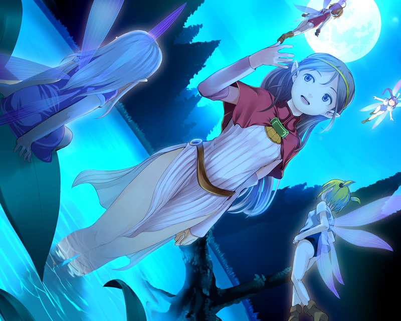 moke, original, bad id, bad pixiv id, 5girls, blue eyes, circlet, dutch angle, elf, fairy, fantasy, full moon, long hair, mini person, minigirl, moon, multiple girls, pointy ears, purple hair, size difference, water