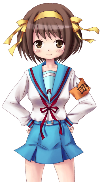 suzumiya haruhi, suzumiya haruhi no yuuutsu, bad id, bad pixiv id, 00s, armband, brown eyes, brown hair, hair ribbon, hands on own hips, ribbon, school uniform, serafuku, short hair, solo